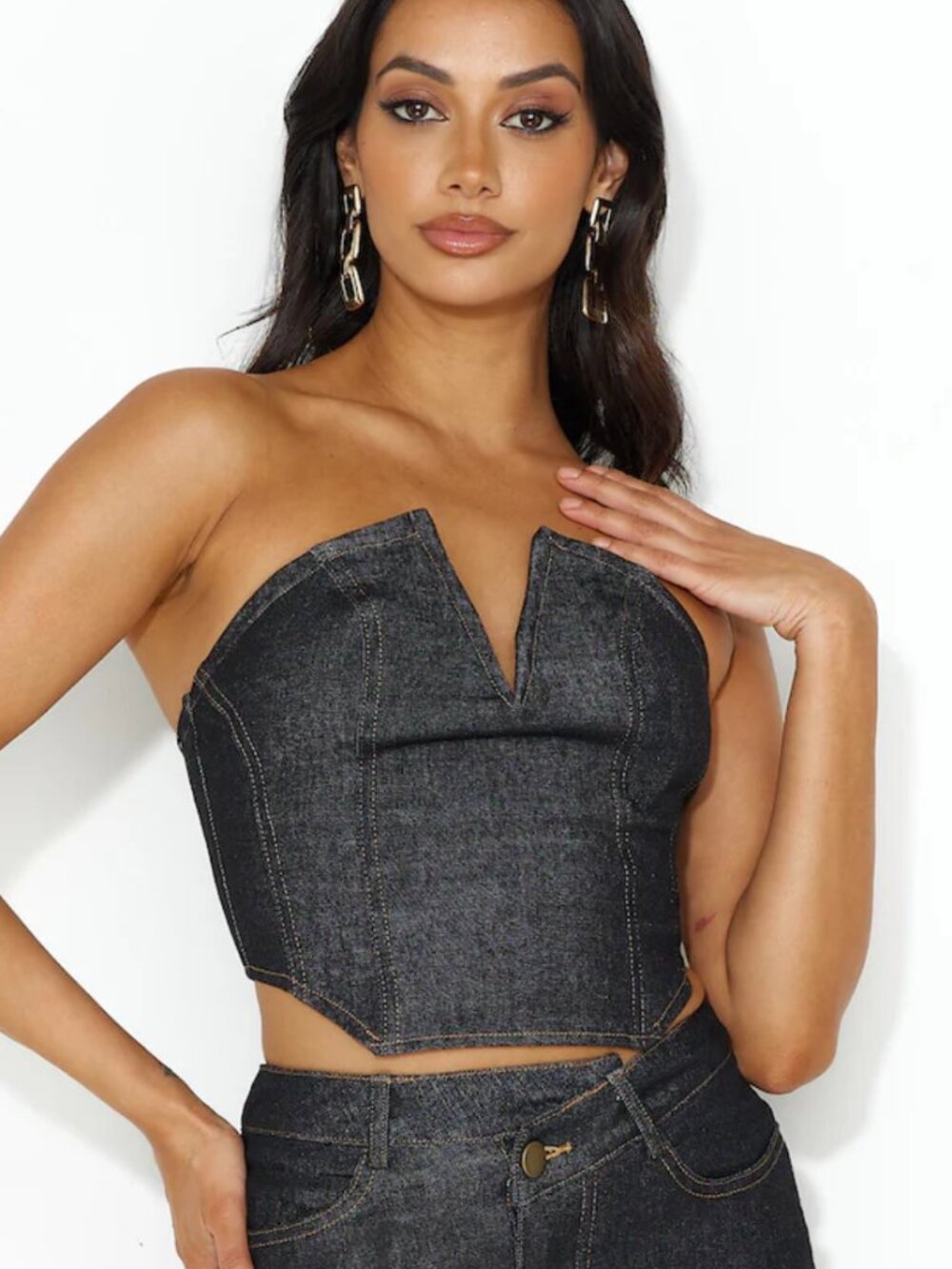 HELLO MOLLY Denim Corset Crop Top Always The Trendsetter Black 6 NWT